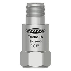 A stainless steel, standard size, top exit, TA202 dual output vibration instrument engraved with the CTC Line logo, part number, serial number, and CE and UKCA markings.